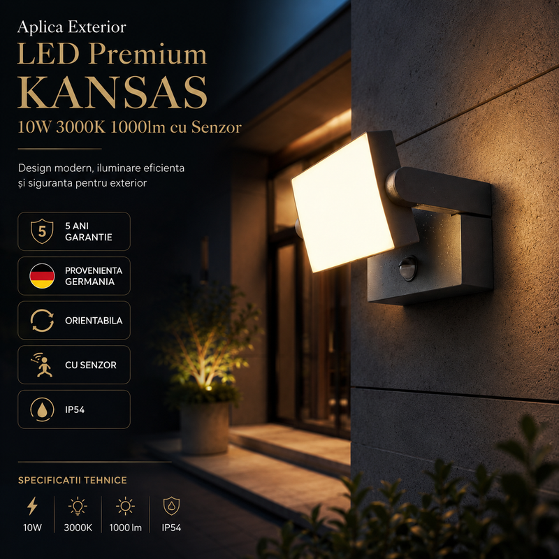 Aplica Exterior LED Premium KANSAS 10W 3000K 1000lm cu Senzor