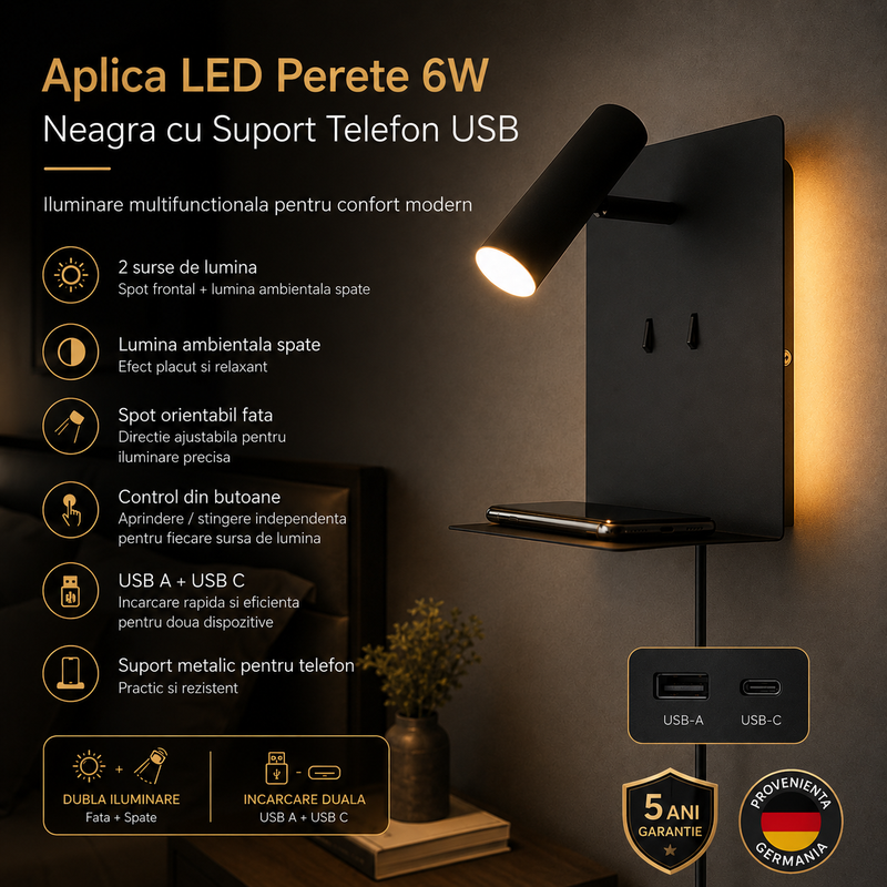 Aplica LED Perete 6W Neagra cu Suport Telefon USB