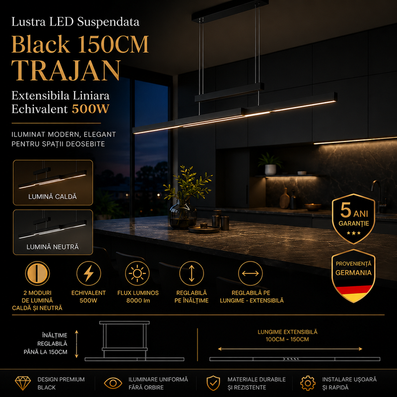Lustra LED Suspendata Black 150CM TRAJAN Extensibila Liniara Echivalent 500W