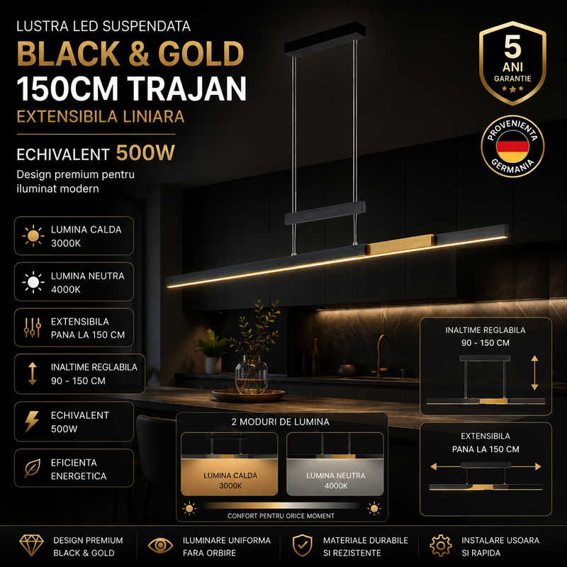 Lustra LED Suspendata Black&Gold 150CM TRAJAN Extensibila Echivalent 500W Liniara