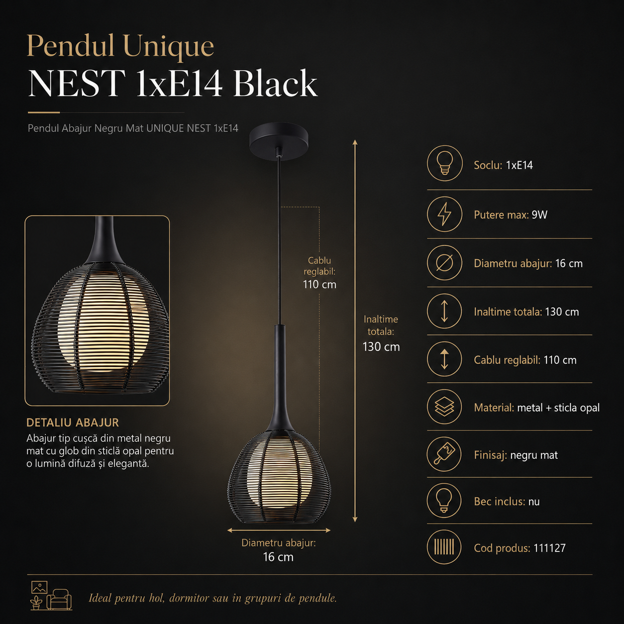 Pendul Unique NEST 1xE14 Black
