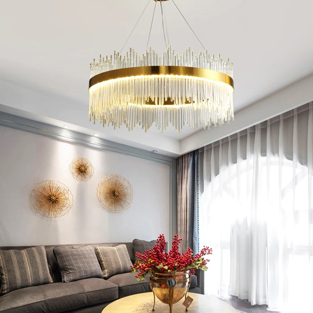 Lustra Led Suspendata Crown Gold Cristal 60Cm Echivalent 500W Telecomanda Chandeliers Crystal