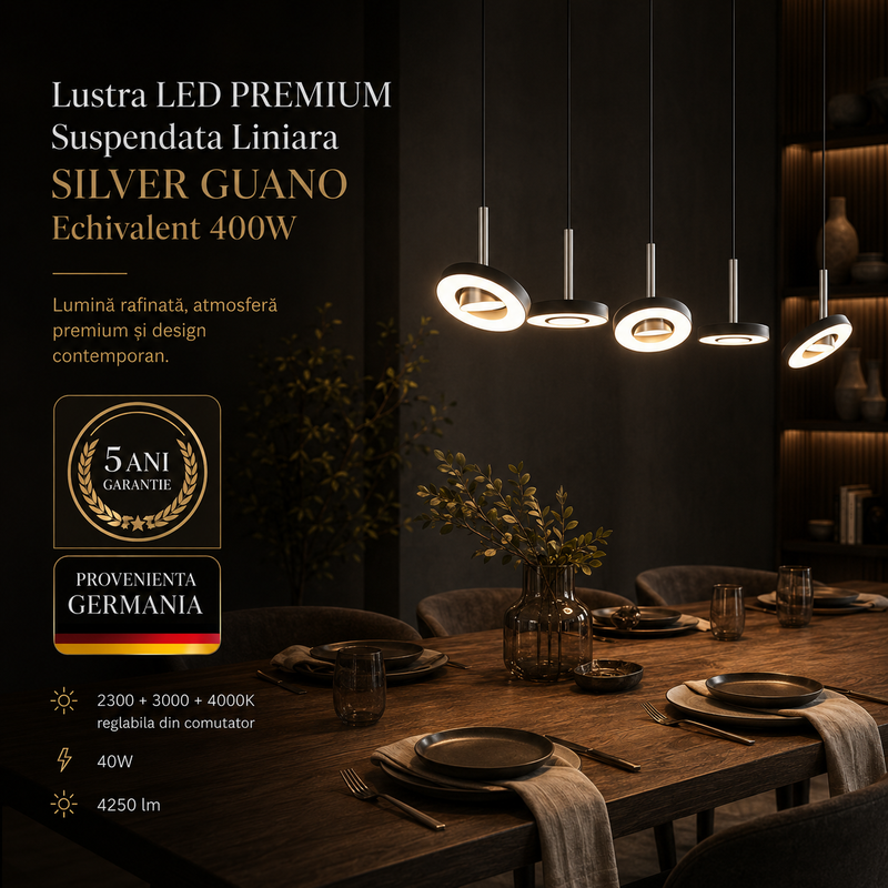 Lustra LED PREMIUM Suspendata Liniara SILVER GUANO Echivalent 400W