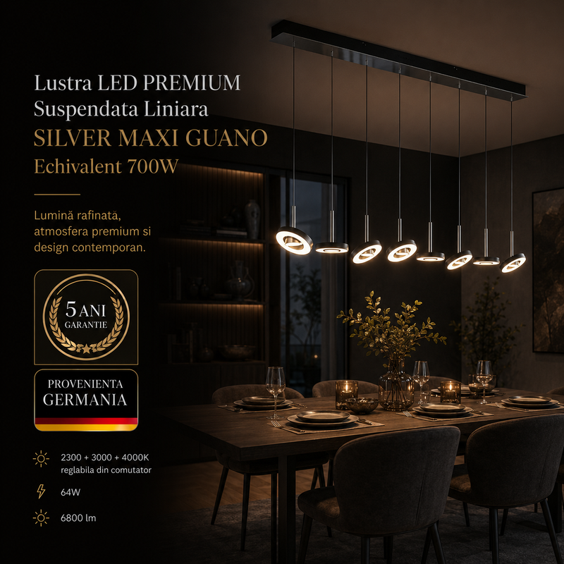 Lustra LED PREMIUM Suspendata Liniara SILVER MAXI GUANO Echivalent 700W