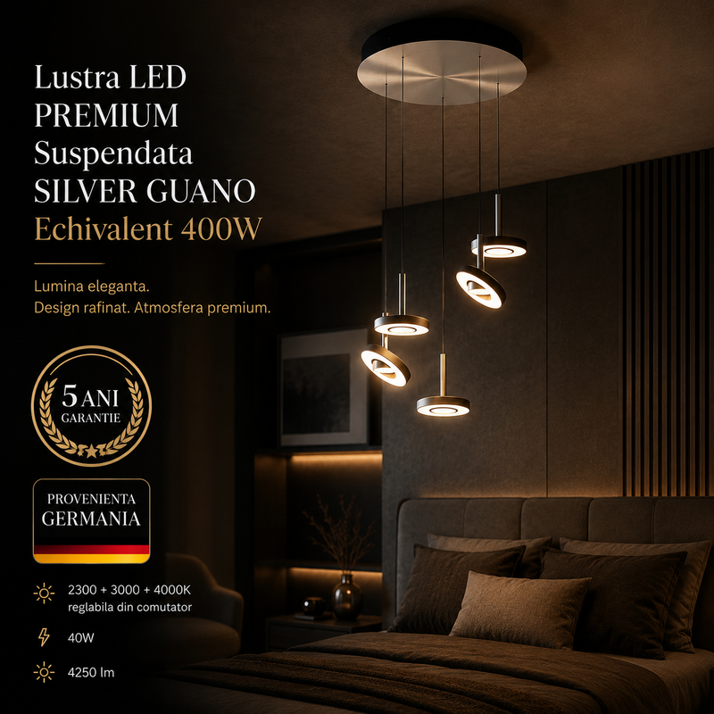Lustra LED PREMIUM Suspendata SILVER GUANO Echivalent 400W