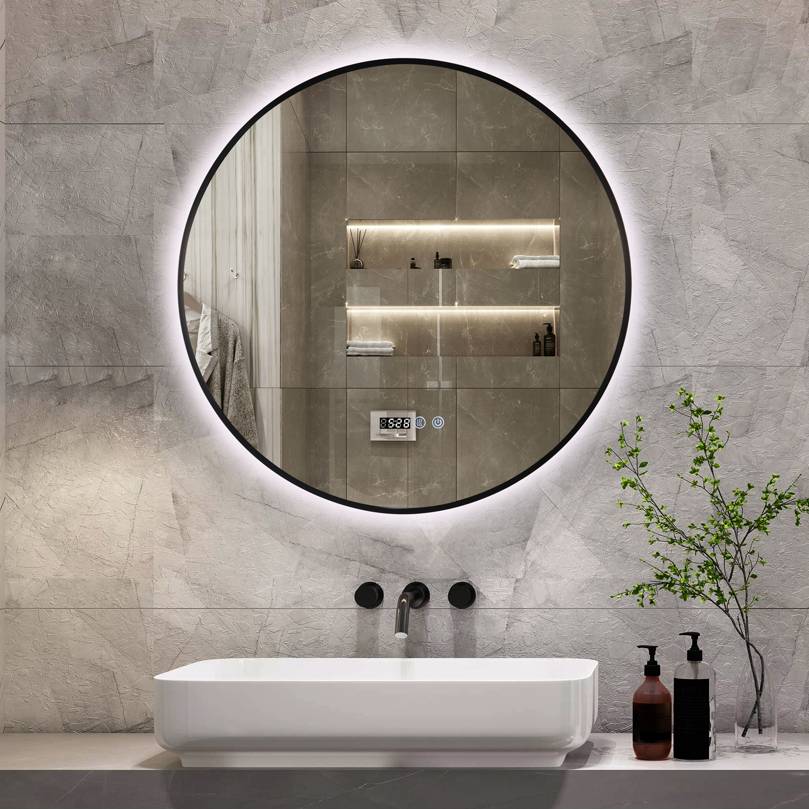 Oglinda Led Rotunda 70Cm Rama Neagra Ceas Temperatura Touch Si 3 Lumini Od010T/Bk Mirror