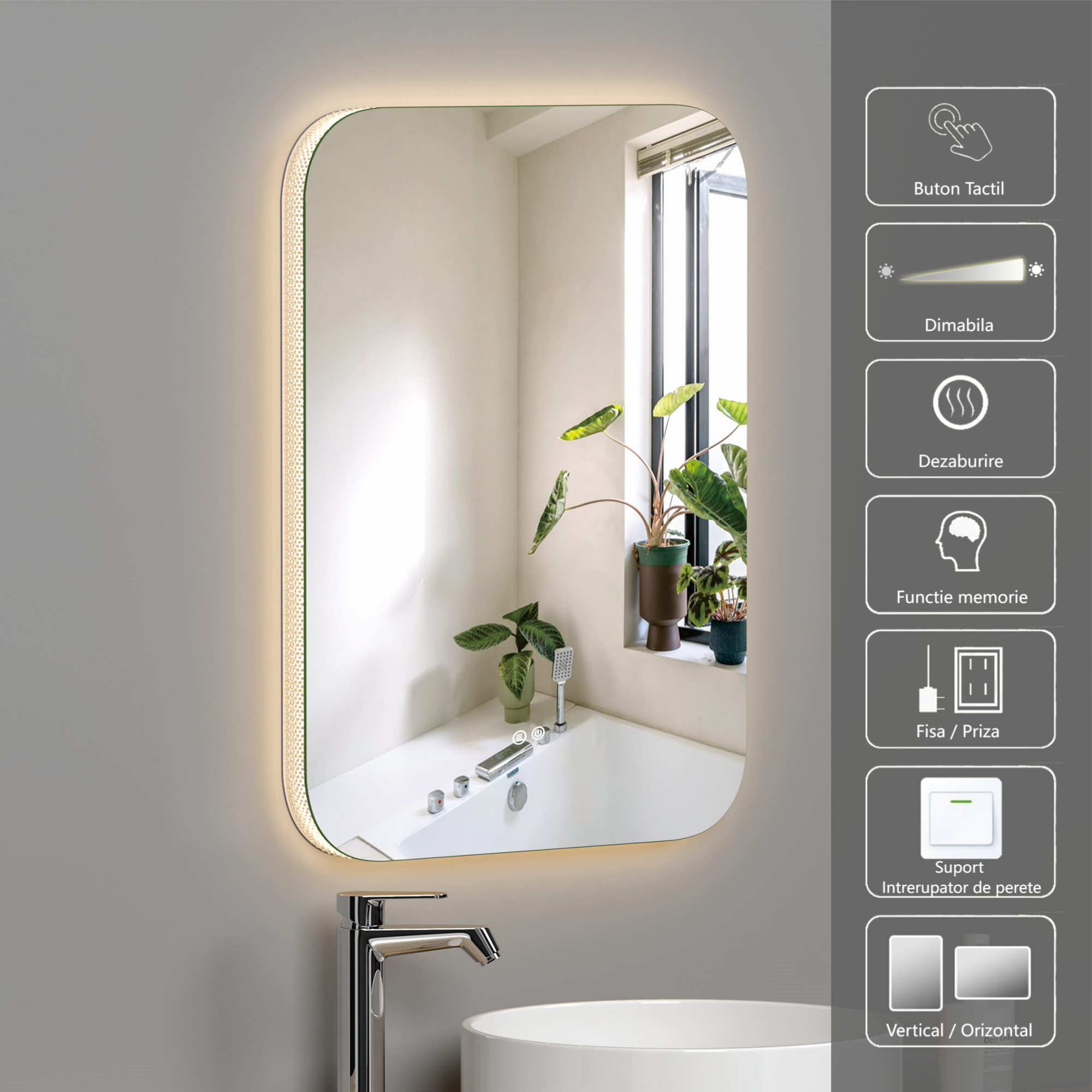 Oglinda LED 60x80cm, 3 Lumini, Dezaburire si Touch OD003
