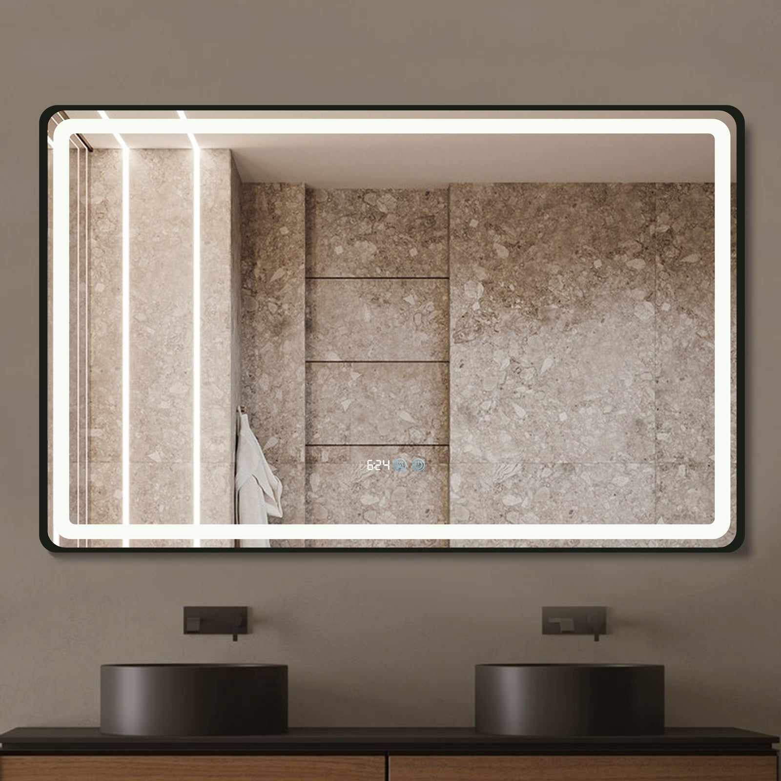 Oglinda Led 110X70Cm Rama Neagra Dezaburire Ceas Temperatura Touch Si 3 Lumini Od058/Bk Mirror