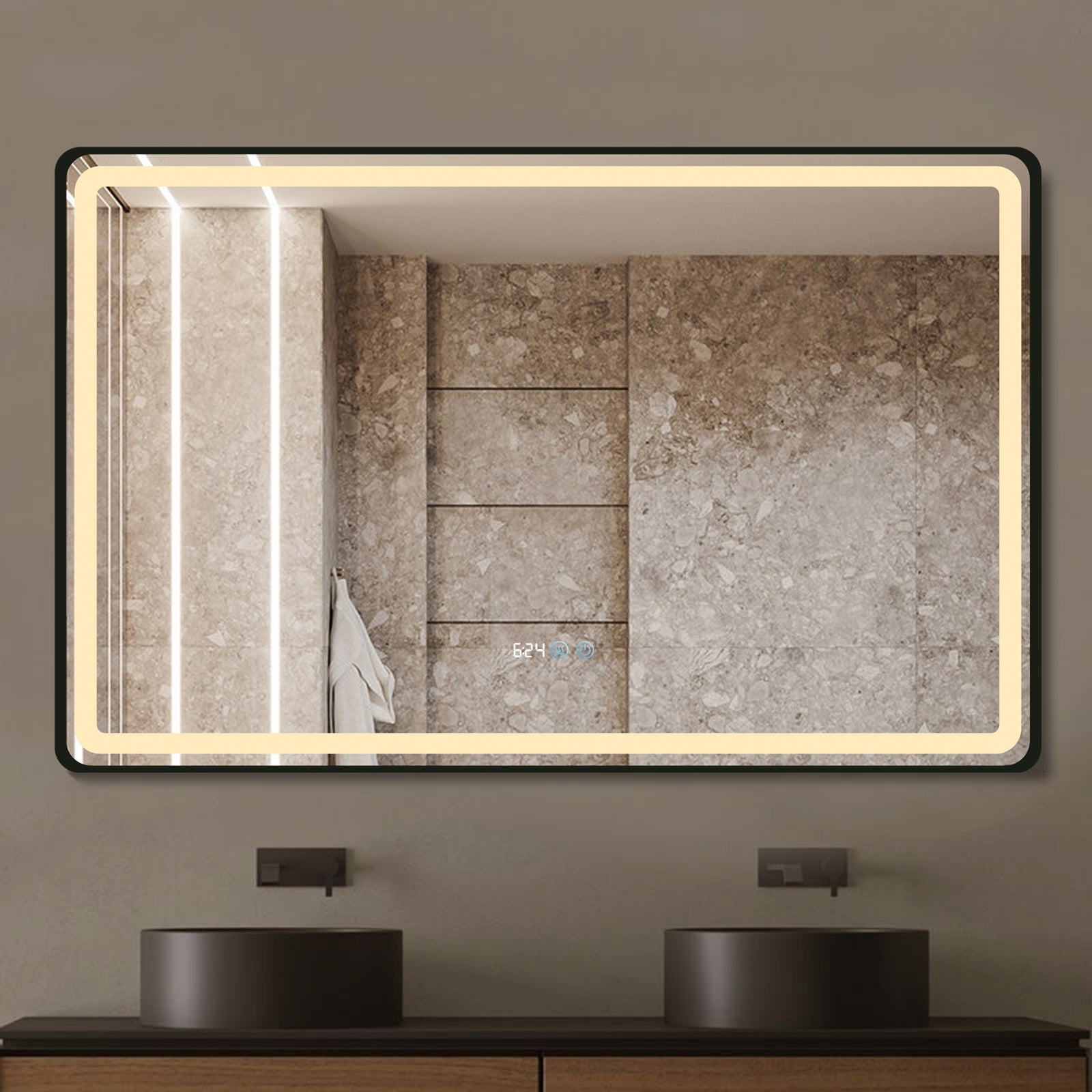 Oglinda Led 110X70Cm Rama Neagra Dezaburire Ceas Temperatura Touch Si 3 Lumini Od058/Bk Mirror