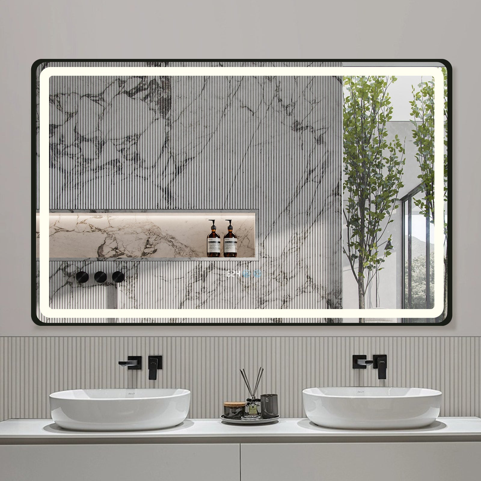 Oglinda Led 110X70Cm Rama Neagra Dezaburire Ceas Temperatura Touch Si 3 Lumini Od058/Bk Mirror