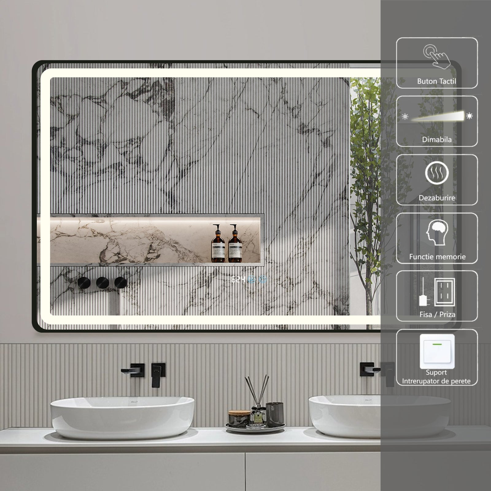 Oglinda Led 110X70Cm Rama Neagra Dezaburire Ceas Temperatura Touch Si 3 Lumini Od058/Bk Mirror