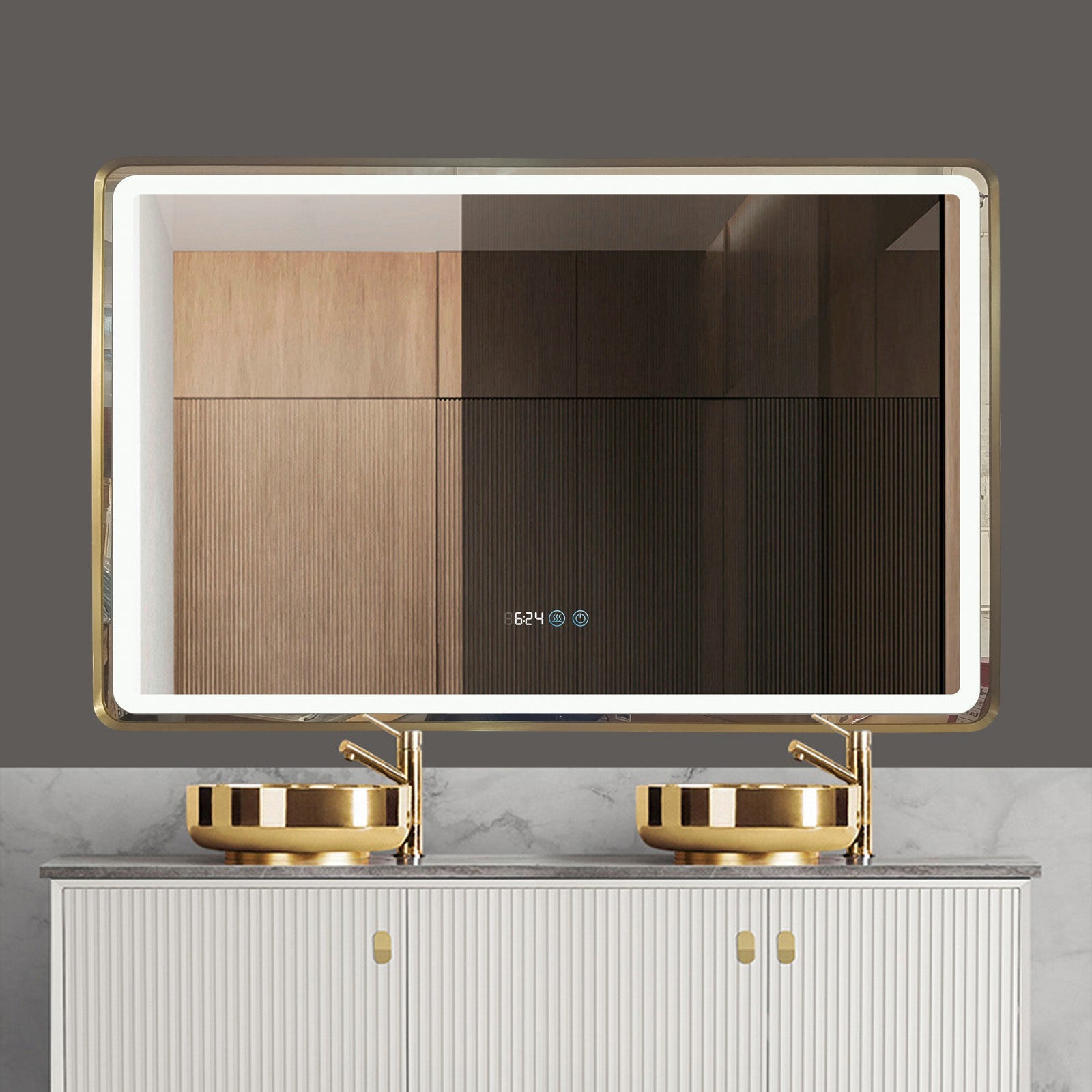 Oglinda Led 110X70Cm Rama Aurie Dezaburire Ceas Temperatura Touch Si 3 Lumini Od058/Gd Mirror