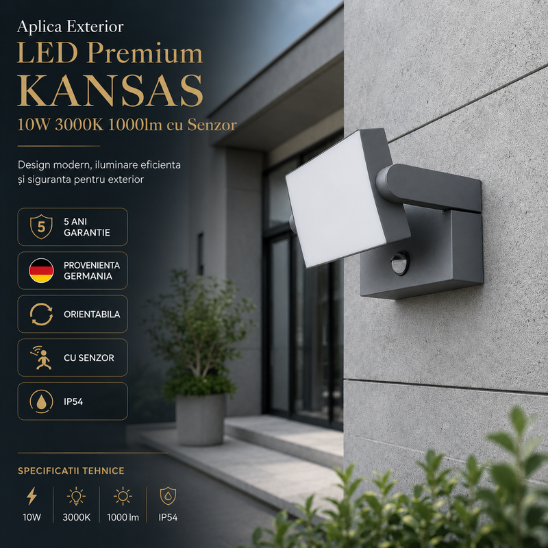 Aplica Exterior LED Premium KANSAS 10W 3000K 1000lm cu Senzor