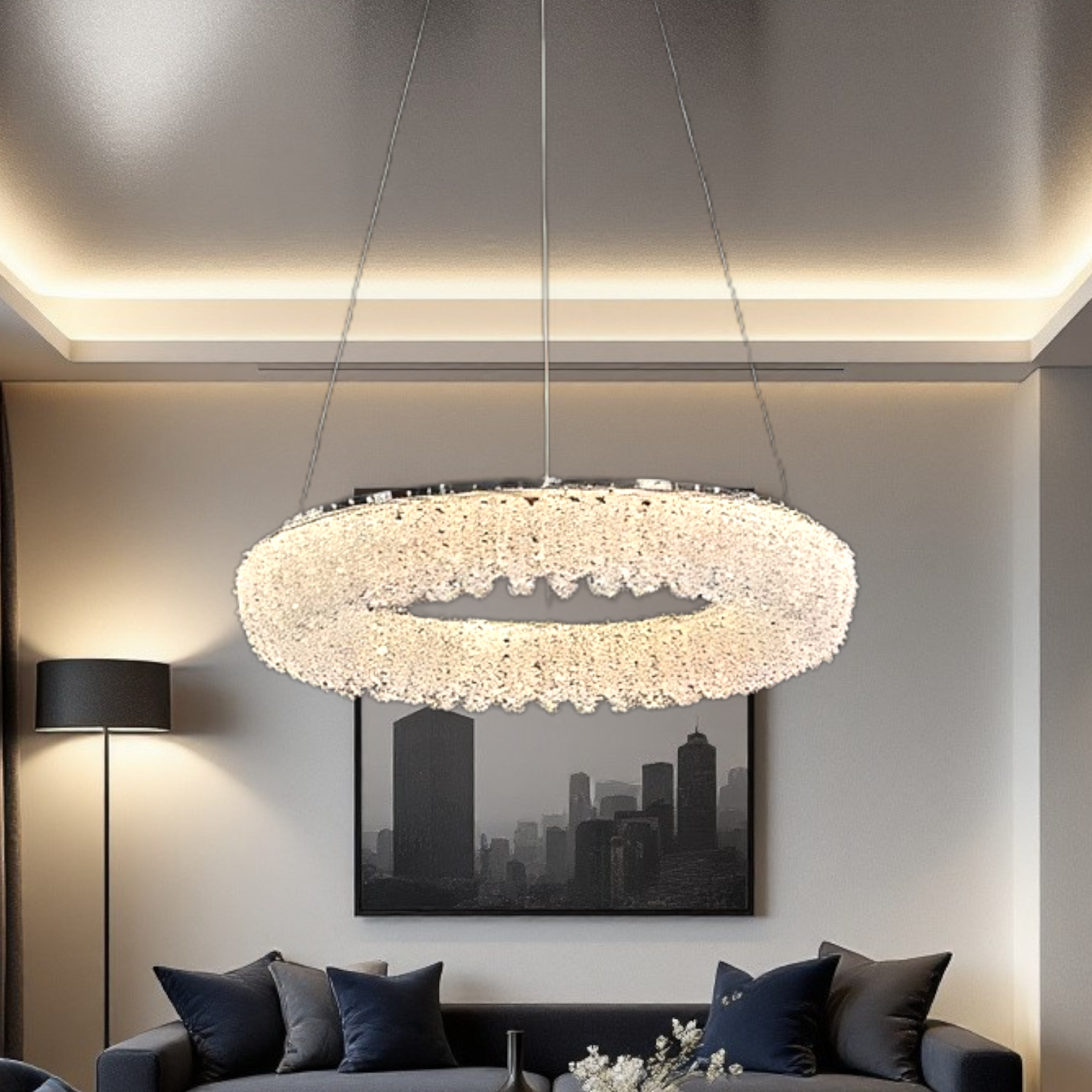 Lustra LED Suspendata Chrome Crystal Sponge 1 Segment Rotund Lighting Fixtures