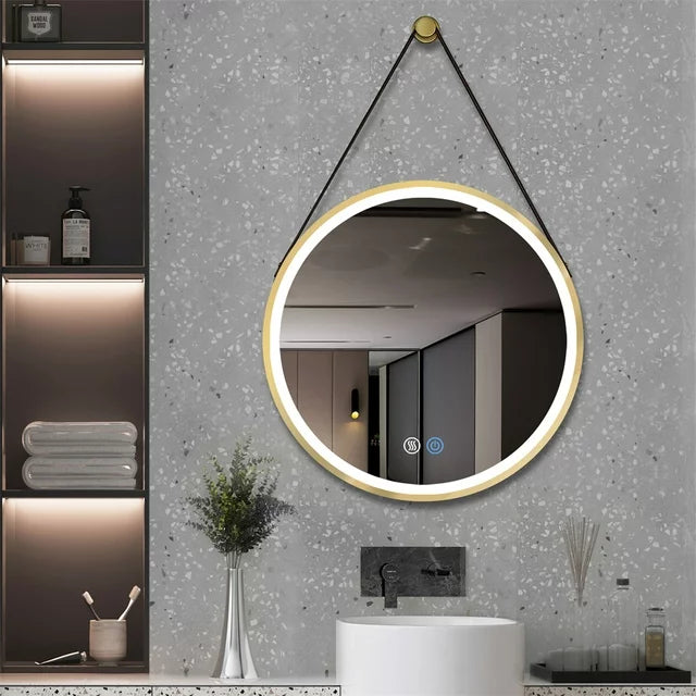 Oglinda Led Baie 60Cm Fog Gold Piele + Aluminiu Senzor Miscare Temperatura Ceas Si Dezaburire Mirror