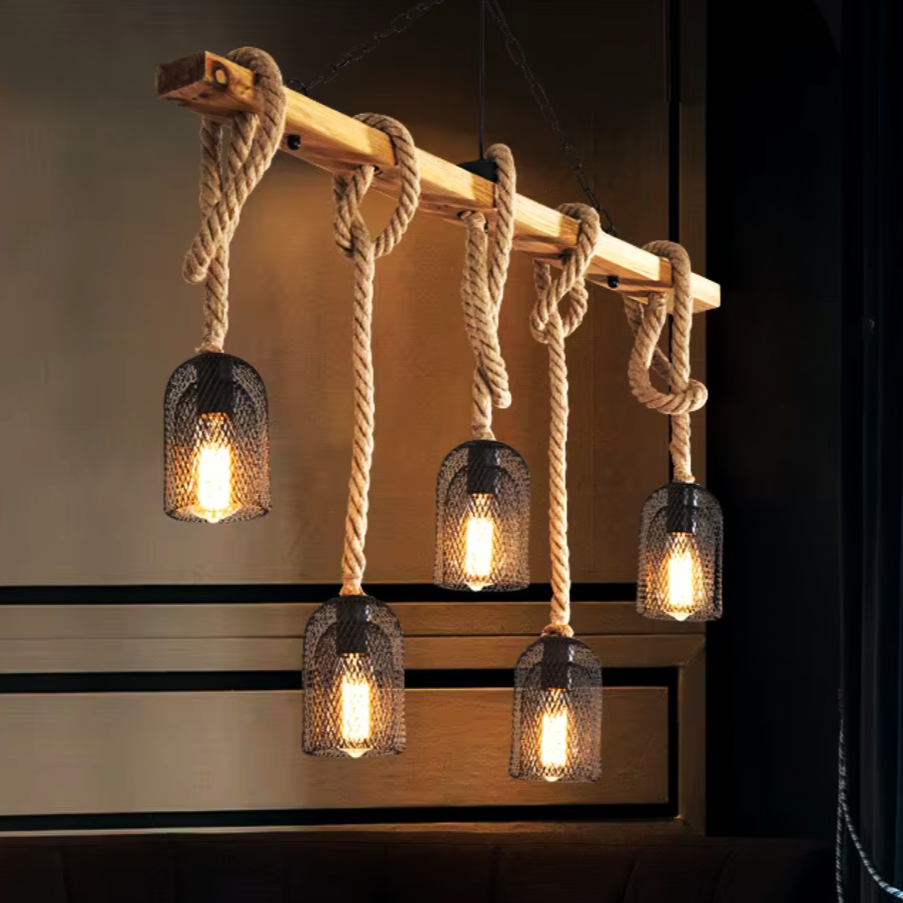 Lustra Wood Design Steel Cage 5Xe27 Lighting Fixtures