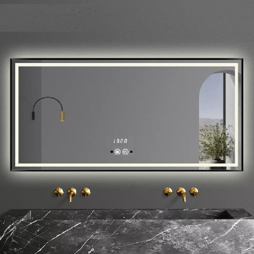 Oglinda Led 120X80Cm Cu Rama Neagra Functie Dezaburire Touch Si Ceas J45 Mirror