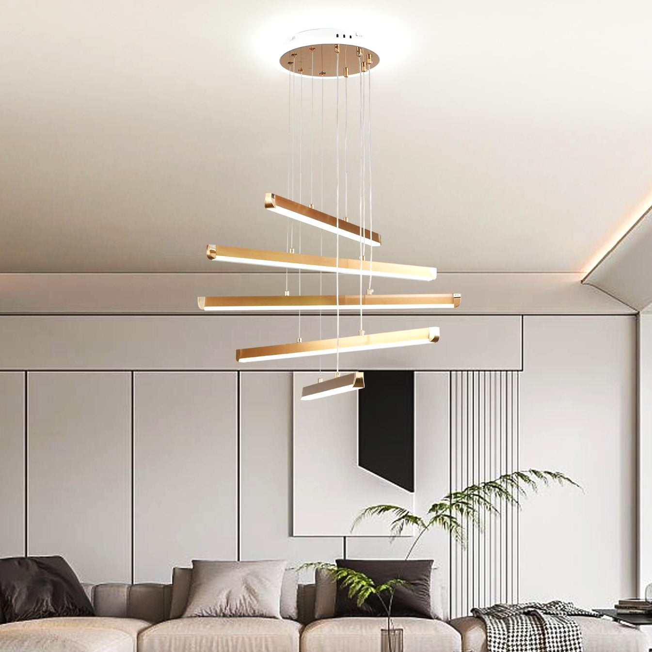 Lustra Led 5 Lines Gold Suspendata Echivalent 600W Telecomanda Lighting Fixtures