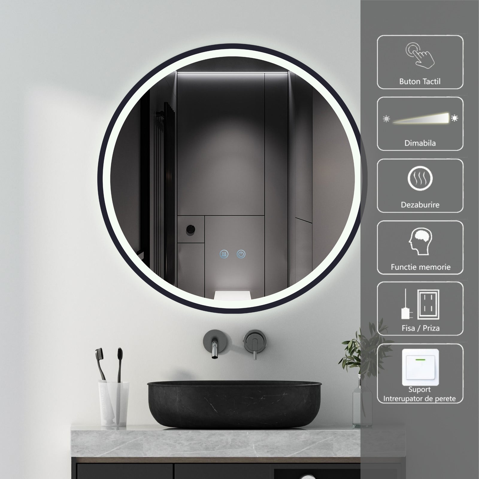 Oglinda Rotunda Neagra 60cm cu Dezaburire Touch si 3 Lumini NEAGRA / 60CM LED MIRROR