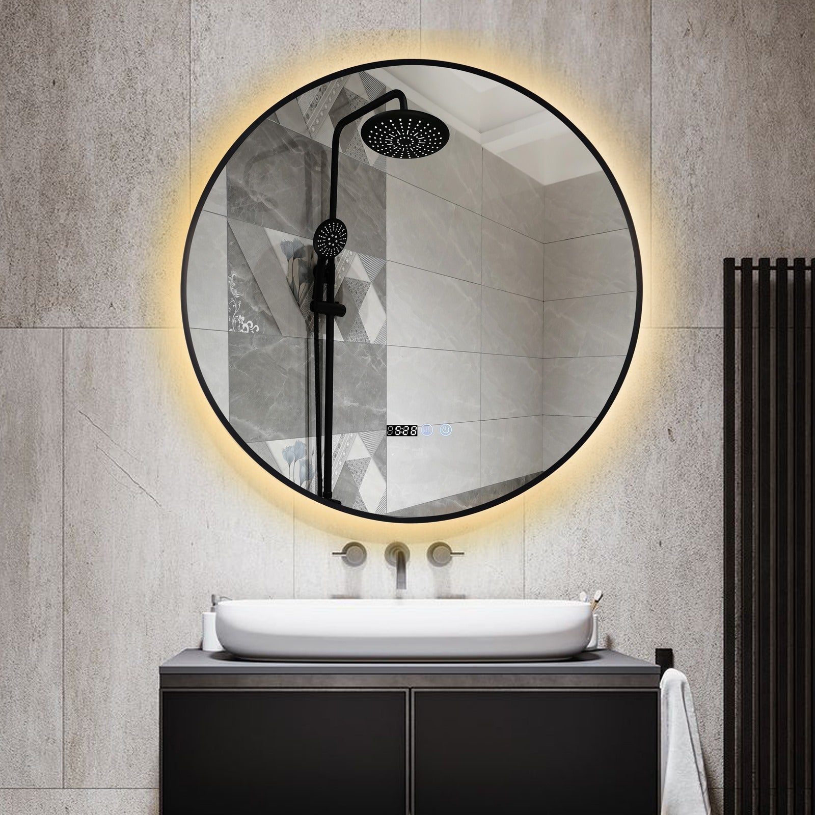 Oglinda LED Rotunda 80cm Rama Neagra Ceas Temperatura Touch si 3 Lumini NEAGRA / 80CM LED MIRROR