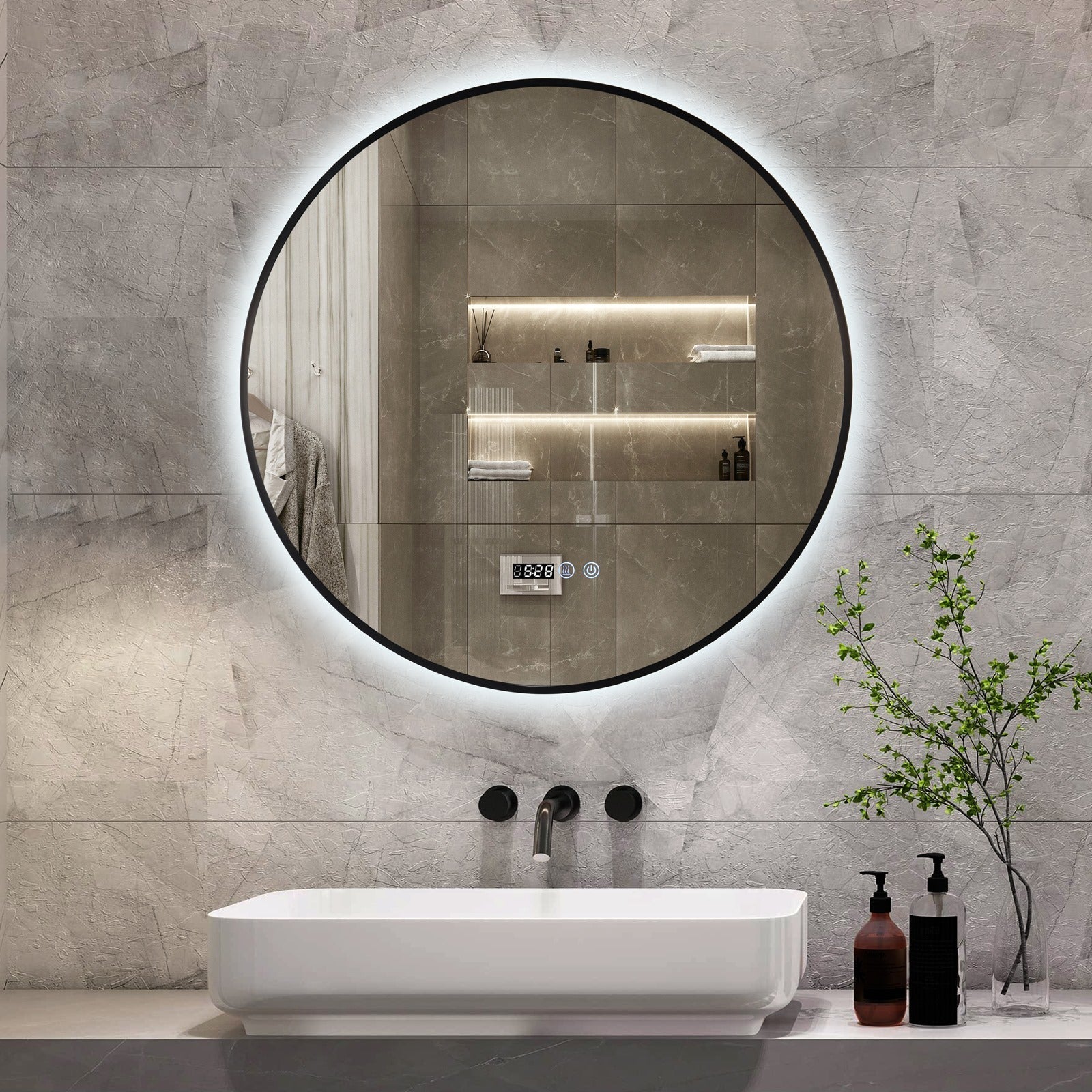 Oglinda LED Rotunda 80cm Rama Neagra Ceas Temperatura Touch si 3 Lumini NEAGRA / 80CM LED MIRROR