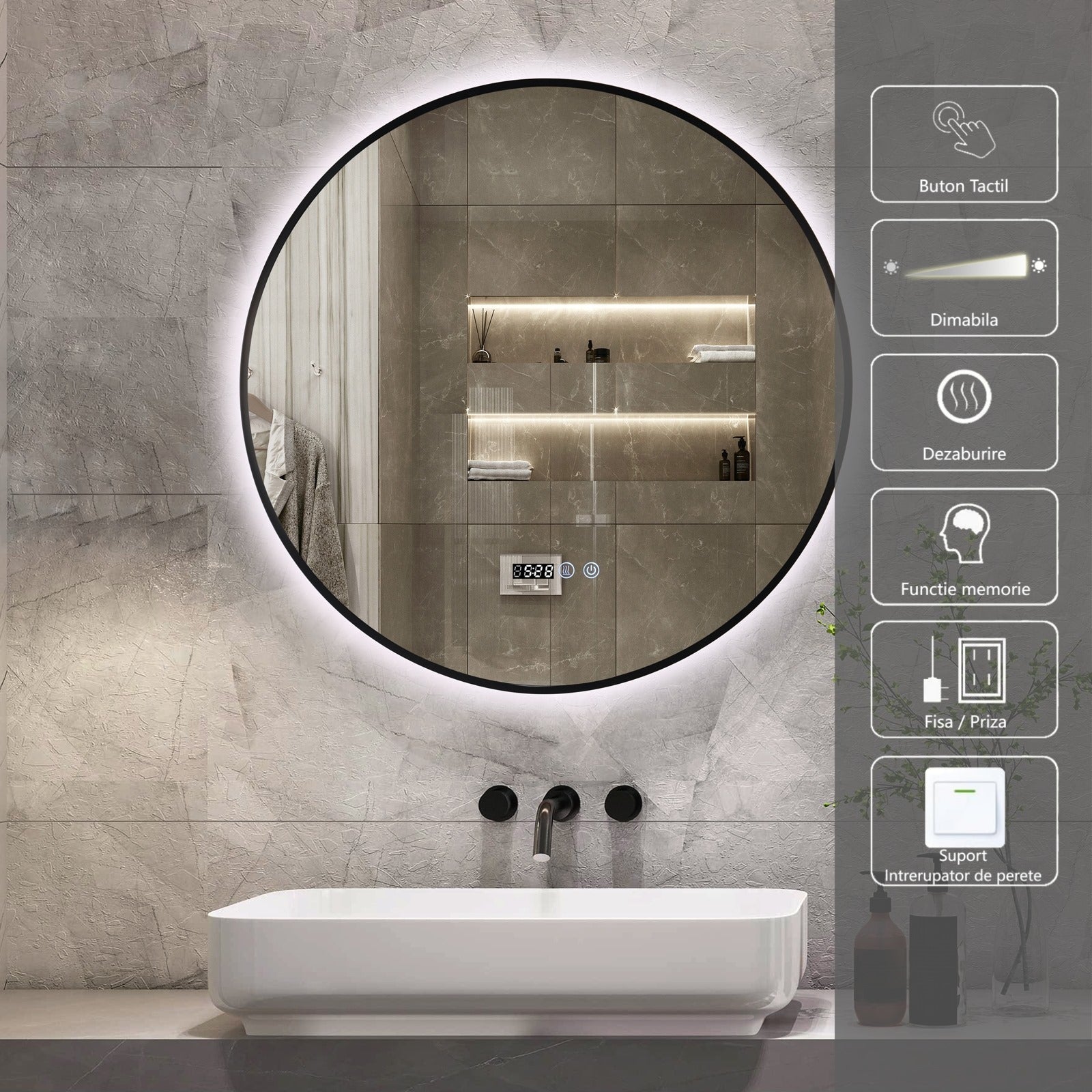Oglinda LED Rotunda 80cm Rama Neagra Ceas Temperatura Touch si 3 Lumini NEAGRA / 80CM LED MIRROR