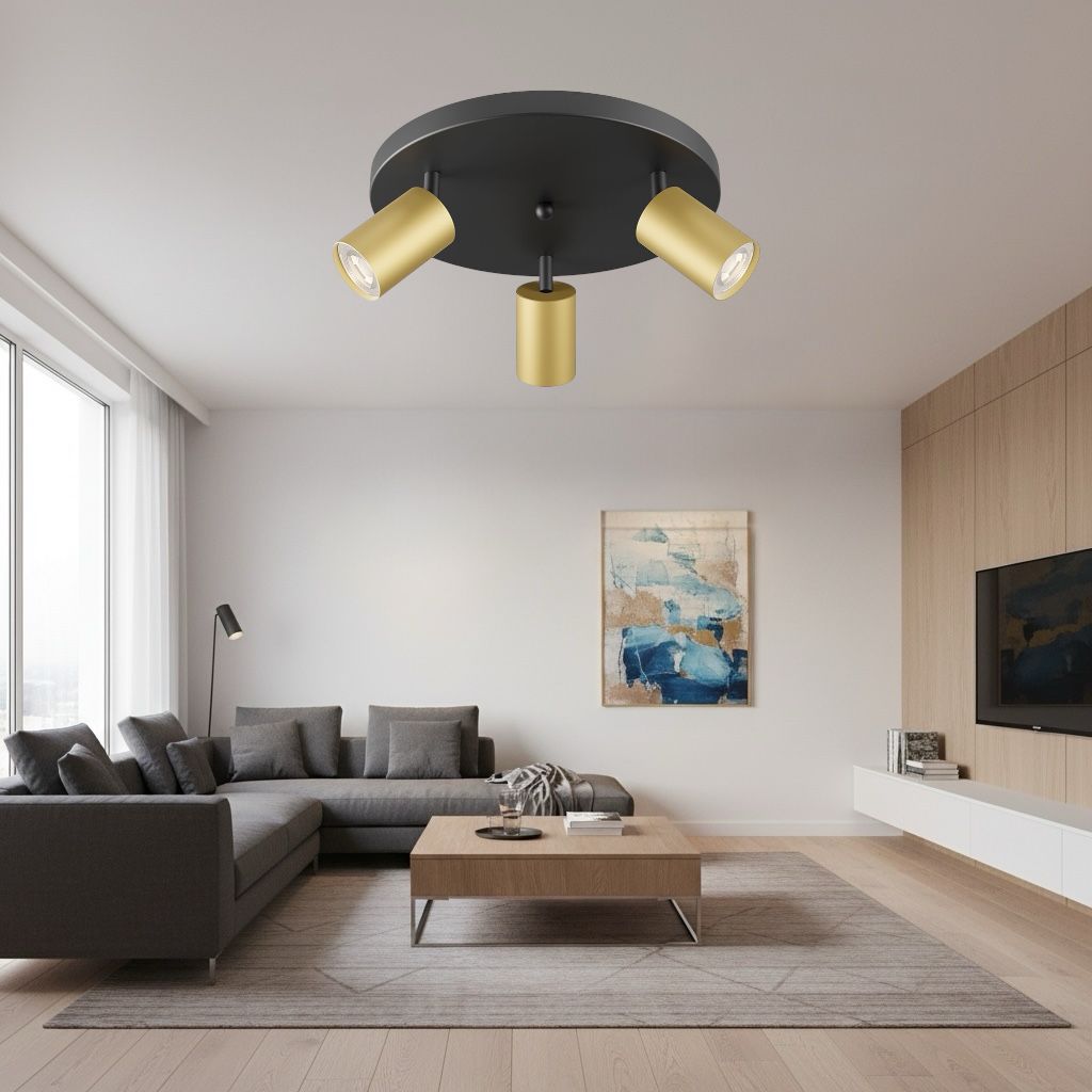 Lustra Negru & Auriu cu 3 Spoturi Reglabile Suport Rotund 3xGU10 Lighting Fixtures