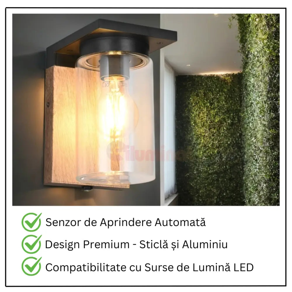 Aplica Exterior 1x27 cu Senzor Finisaj Tip Lemn APLICA PERETE / MARO Wall Light Fixtures