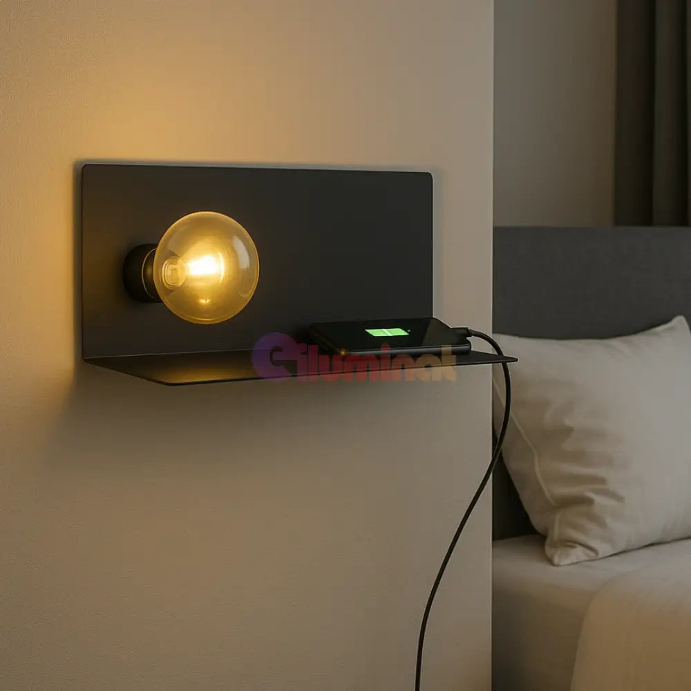 Aplica Perete 1xE27 cu Usb NEGRU / APLICA PERETE Wall Light Fixtures