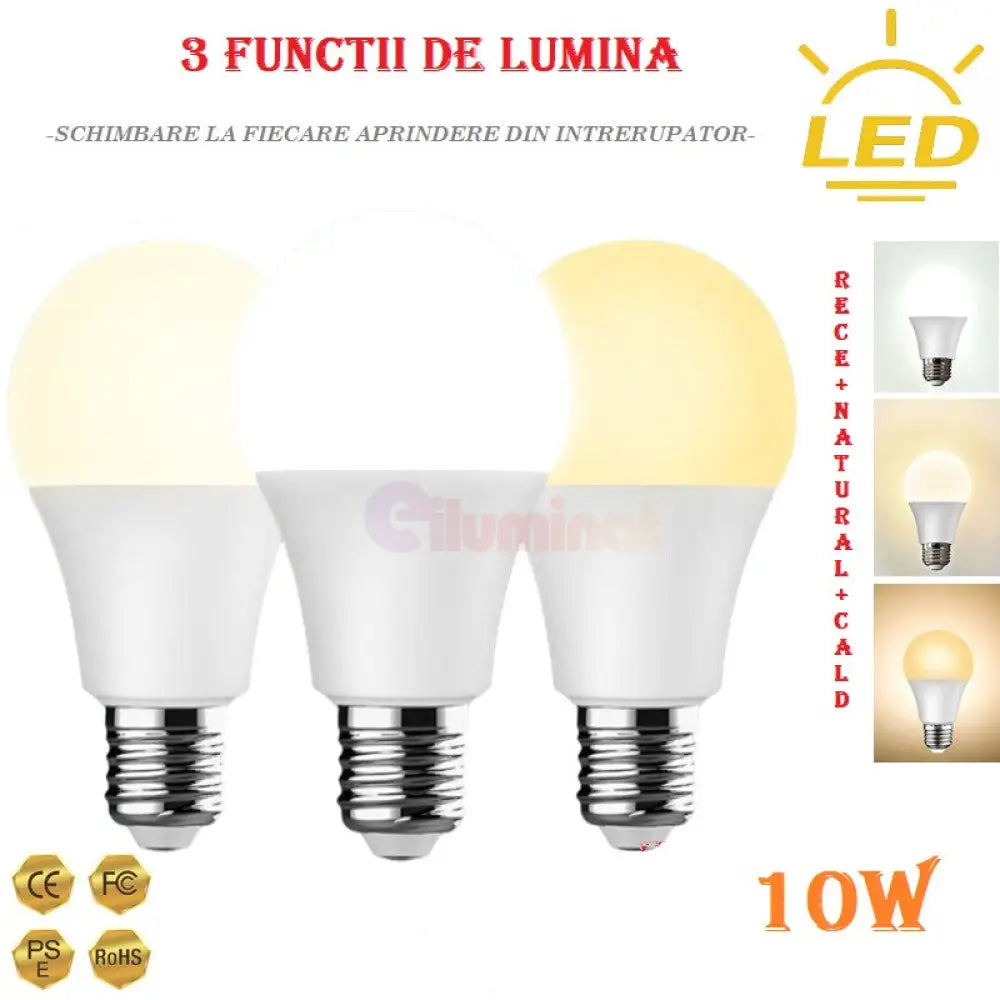 Bec Led E27 10W 3 Functii Glob Mat Bulb