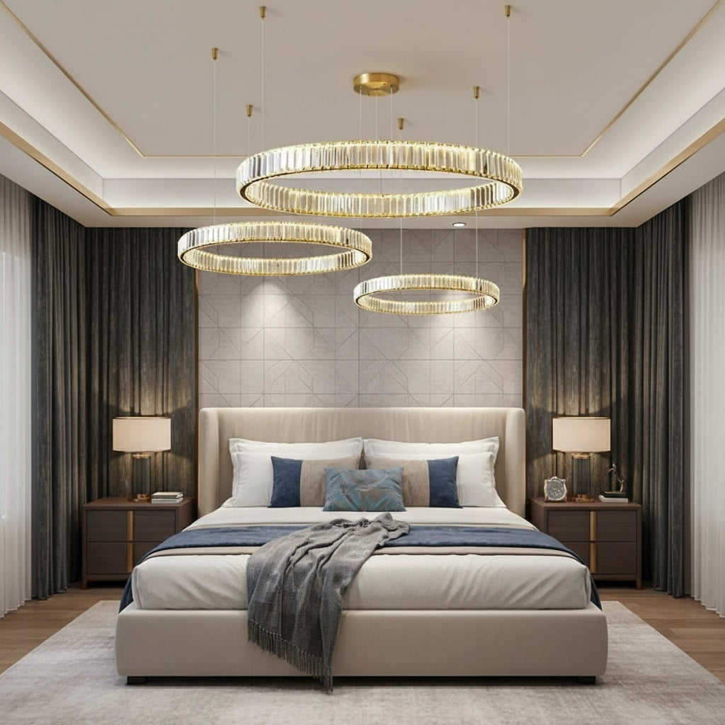 Lustra LED Cristal Gold 3 Segmente Mobile Echivalent 1000W Telecomanda Lighting Fixtures