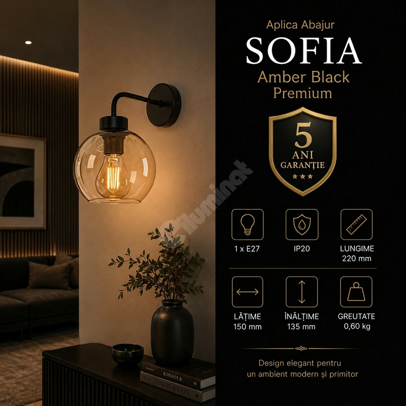 Aplica Abajur Sofia Amber Black Premium