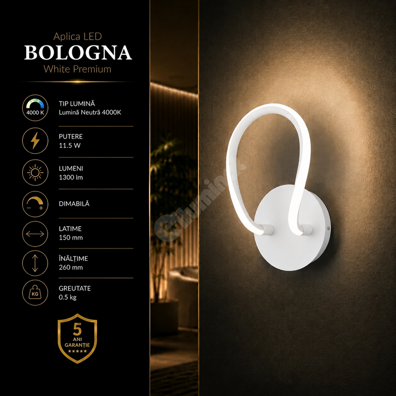 Aplica LED Premium Bologna White Echivalent 150W | 4000K