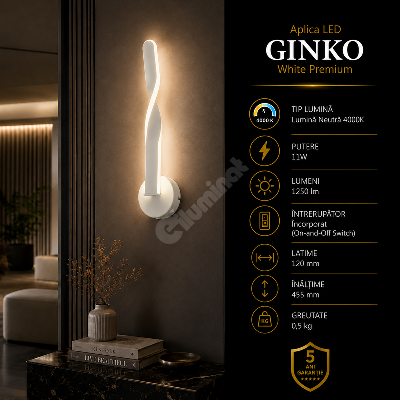Aplica LED Premium Ginko White Echivalent 100W | 4000K