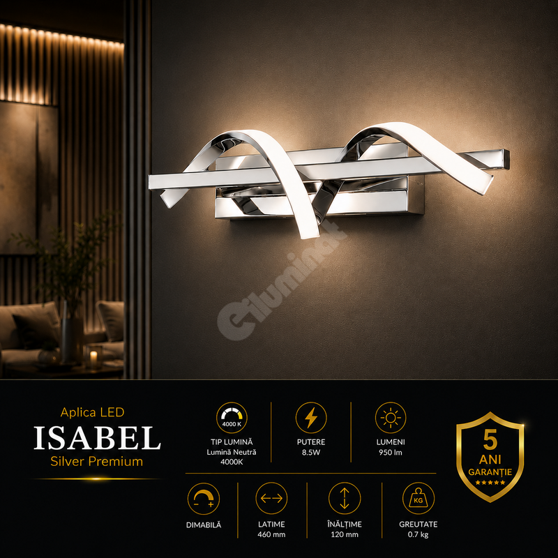 Aplica LED Premium Isabel Silver Echivalent 100W | 4000K