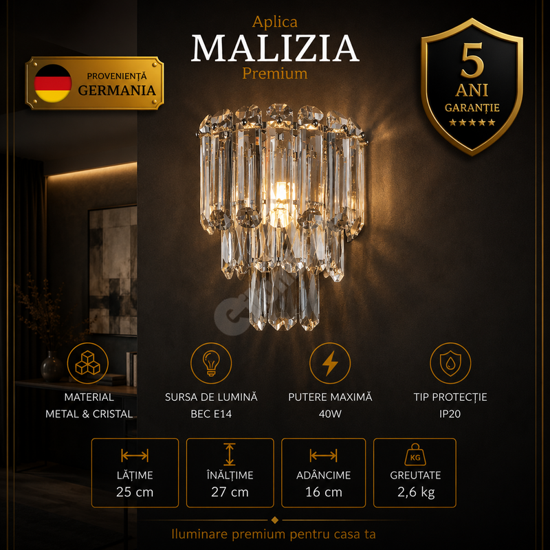 Aplica Premium Malizia Silver Crystal 1xE14