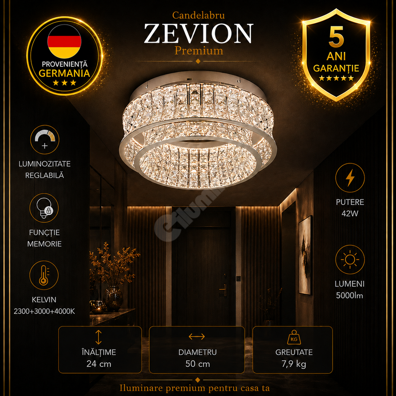 Candelabru LED Aplicat Premium Zevion Silver Crystal Echivalent 400W