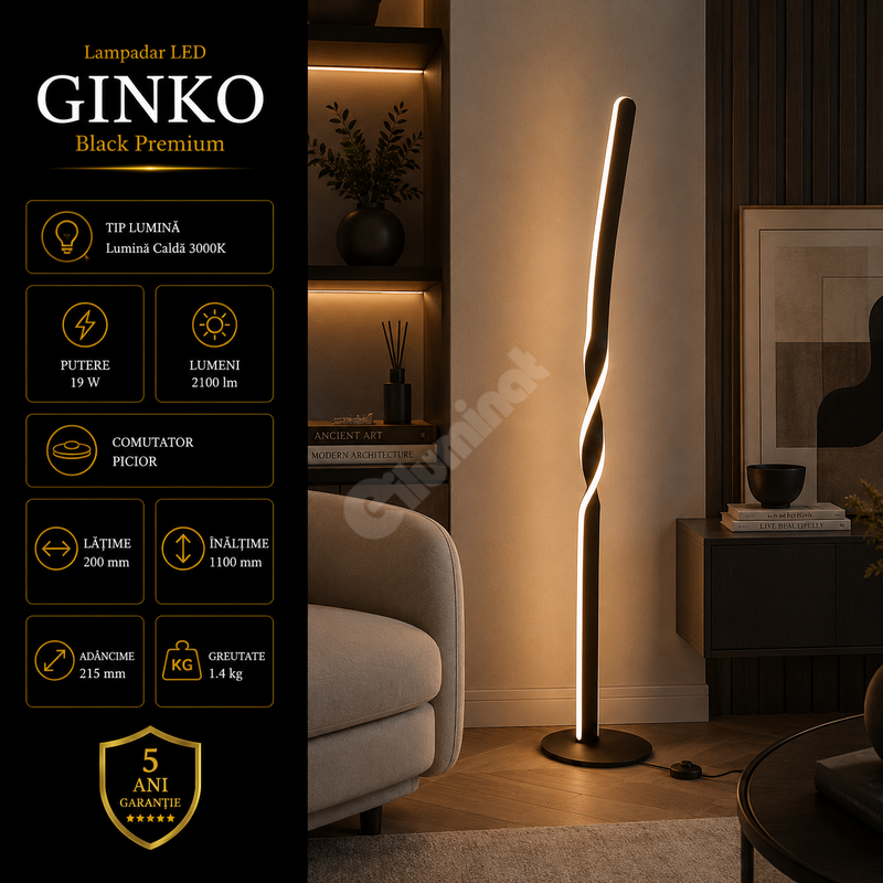 Lampadar LED Premium Ginko Black Echivalent 200W | 110CM | 3000K