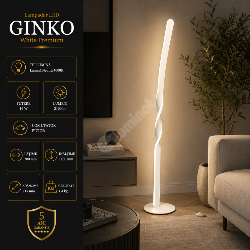 Lampadar LED Premium Ginko White Echivalent 200W | 110CM | 4000K