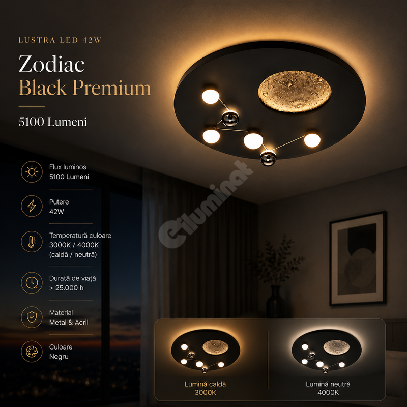 Lustra LED 42W Zodiac Black Dimabila Premium Echivalent 500W