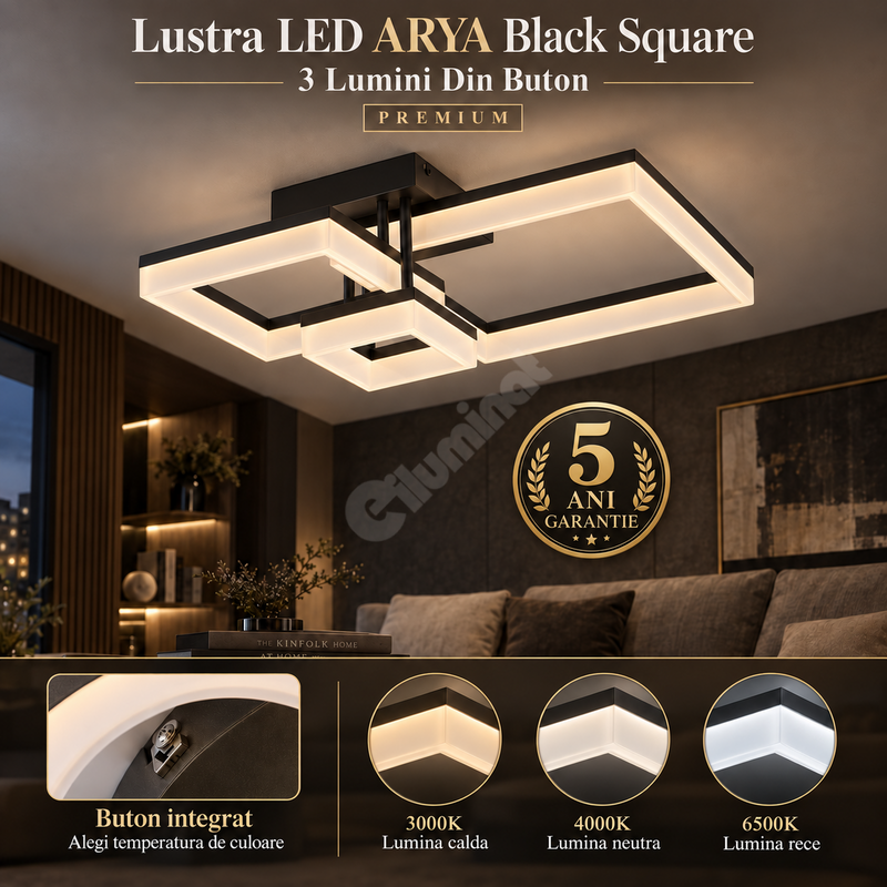 Lustra LED ARYA Black Square 3 Lumini Din Buton PREMIUM