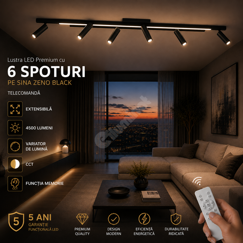 Lustra LED Premium cu 6 Spoturi pe Sina ZENO Black Telecomanda