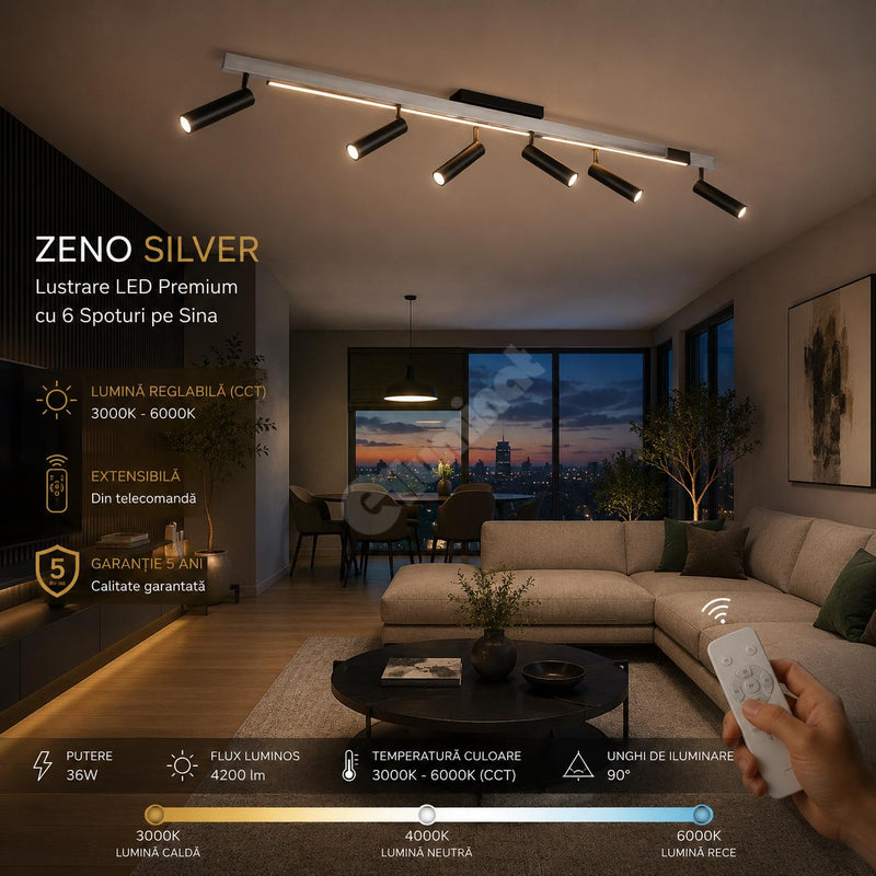 Lustra LED Premium cu 6 Spoturi pe Sina ZENO Silver Telecomanda