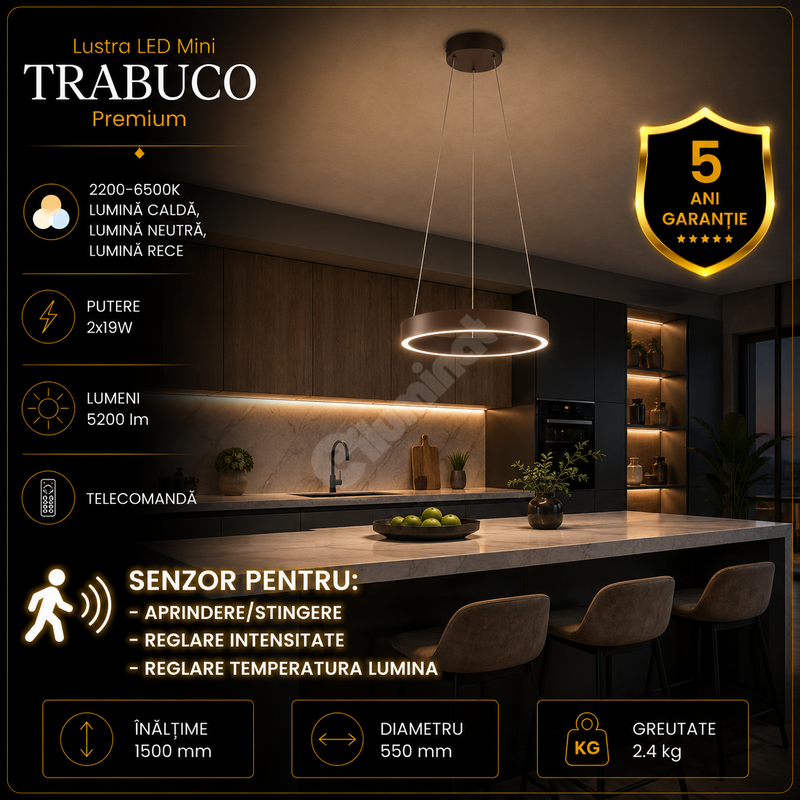 Lustra LED Premium cu Senzor Mini Trabuco Black & Brown Echivalent 500W