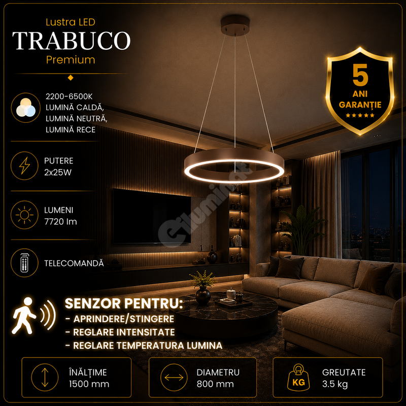 Lustra LED Premium cu Senzor Trabuco Black & Brown Echivalent 750W