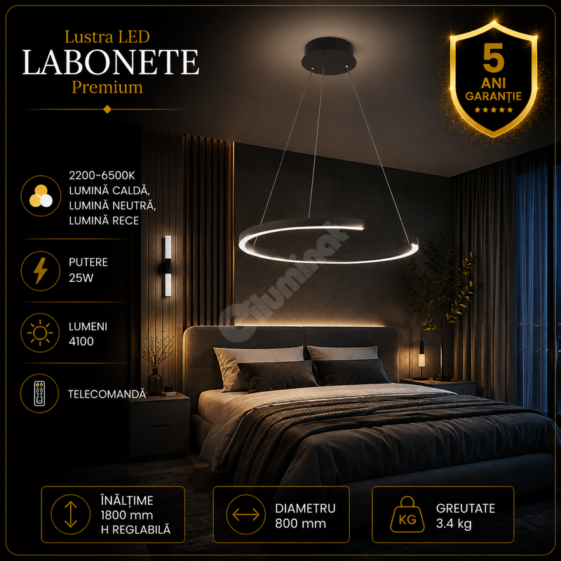 Lustra LED Premium Labonete Black Echivalent 400W Telecomanda