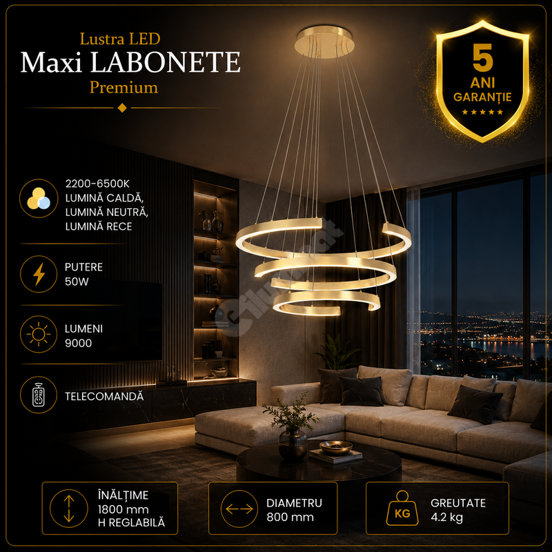 Lustra LED Premium Maxi Labonete Gold Echivalent 900W Telecomanda