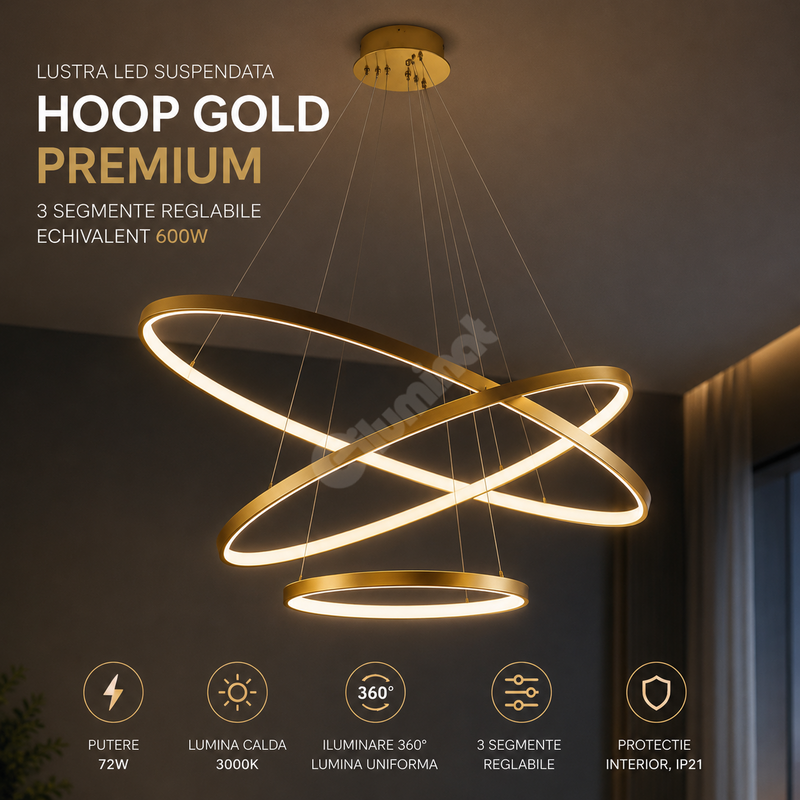 Lustra LED Suspendata Hoop Gold Premium 3 Segmente Reglabile Echivalent 600W