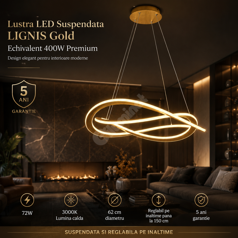 Lustra LED Suspendata LIGNIS Gold Echivalent 400W Premium