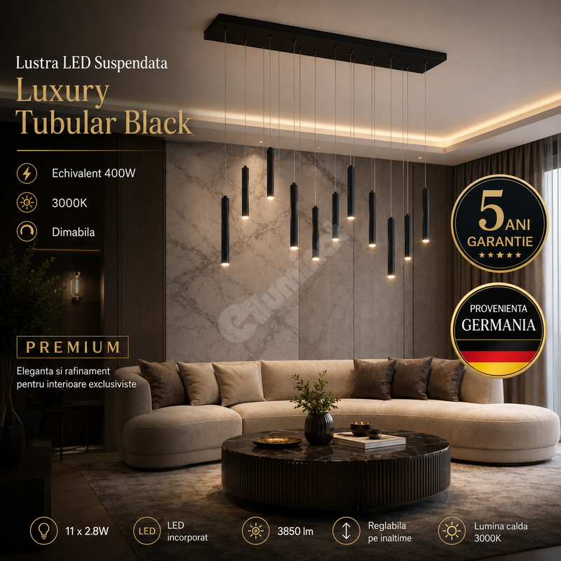 Lustra LED Suspendata Luxury Tubular Black Echivalent 400W, 3000K, Dimabila, PREMIUM